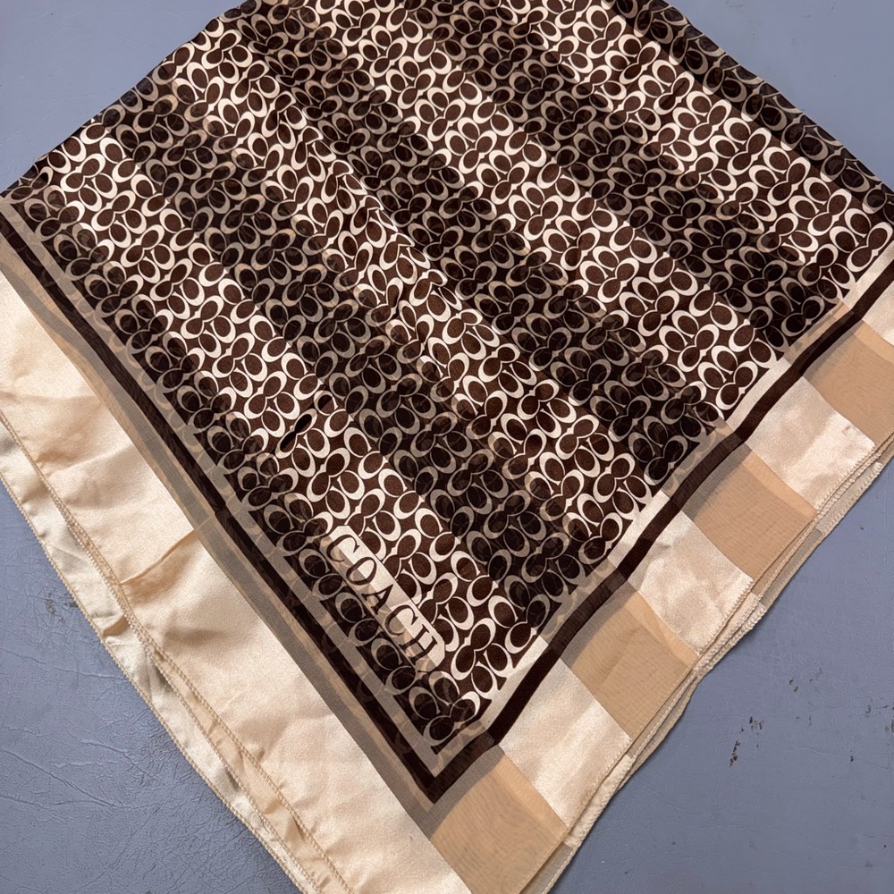 Vintage Coach Signature Brown and Gold Silk Scarf 39” x 39”